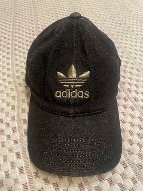 Adidas Trefoil Hat Black Denim Gold Logo Baseball Cap Adjustable Streetwear